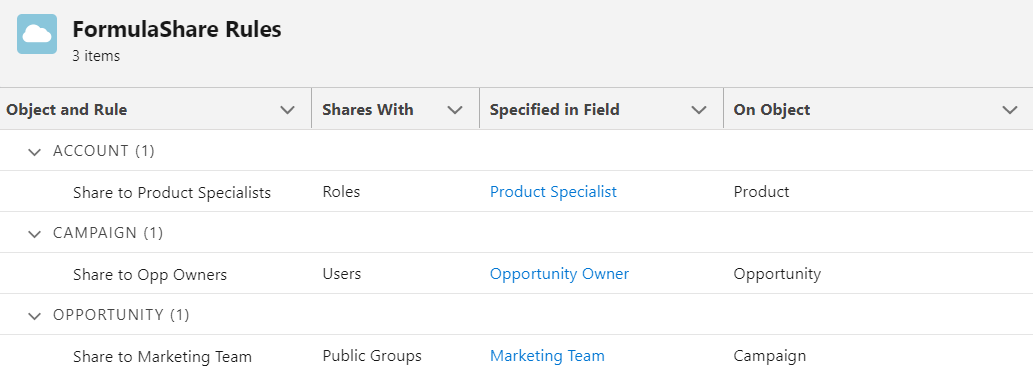 Screenshot showing several cross-object rules