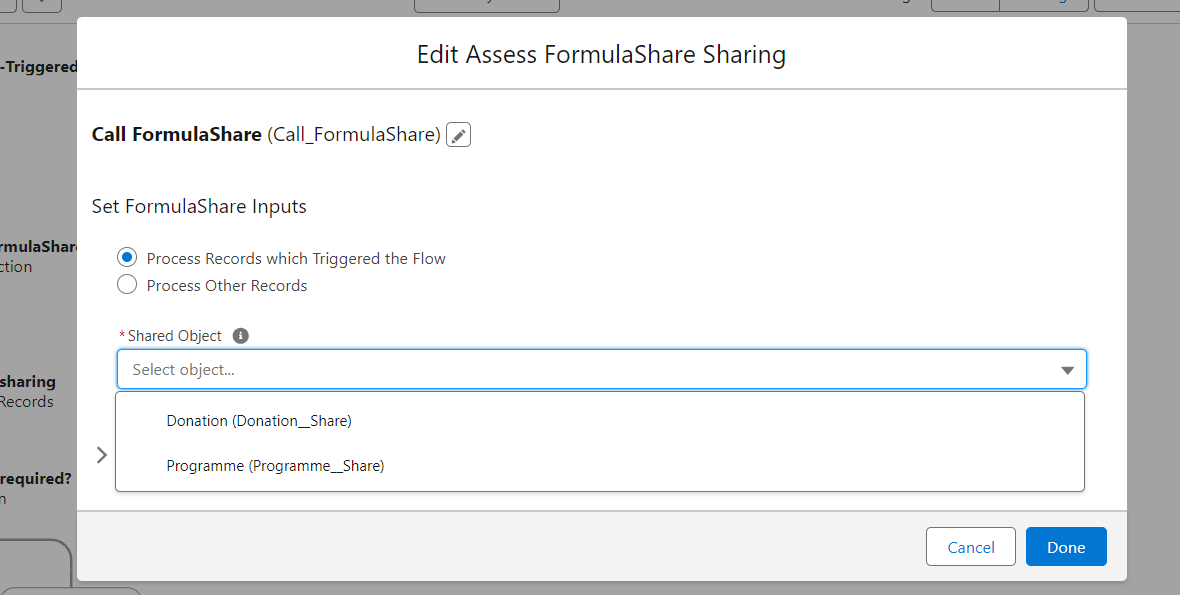 Screenshot showing apex action for selecting the shared object