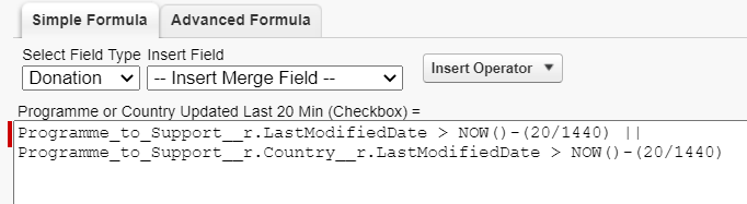 Formula expression which returns true if parent or grandparent record updated in last 20 mins 