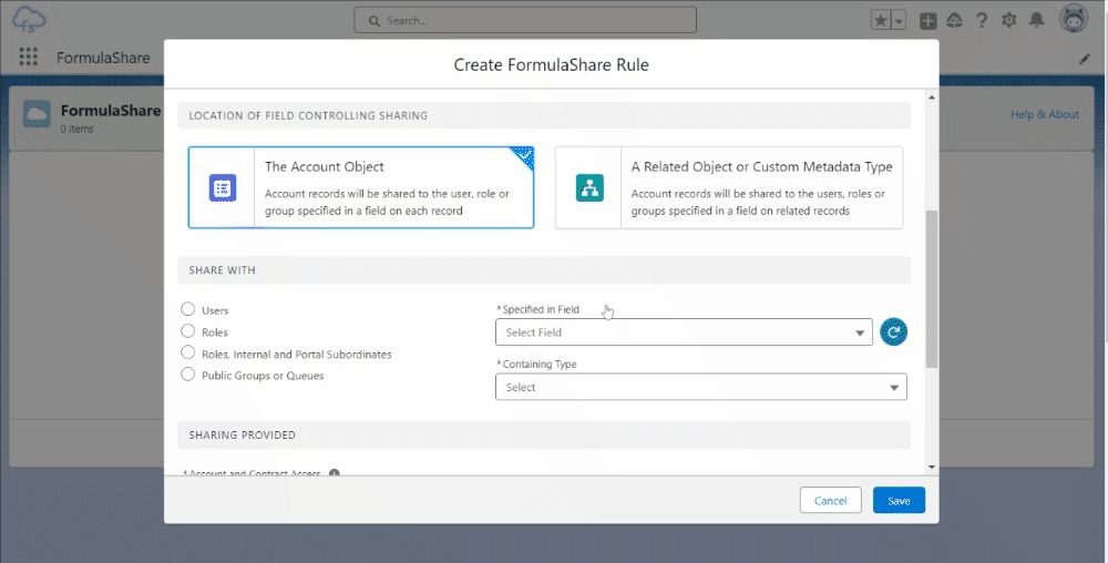 Screen capture showing creating a FormulaShare rule with a custom metadatata type