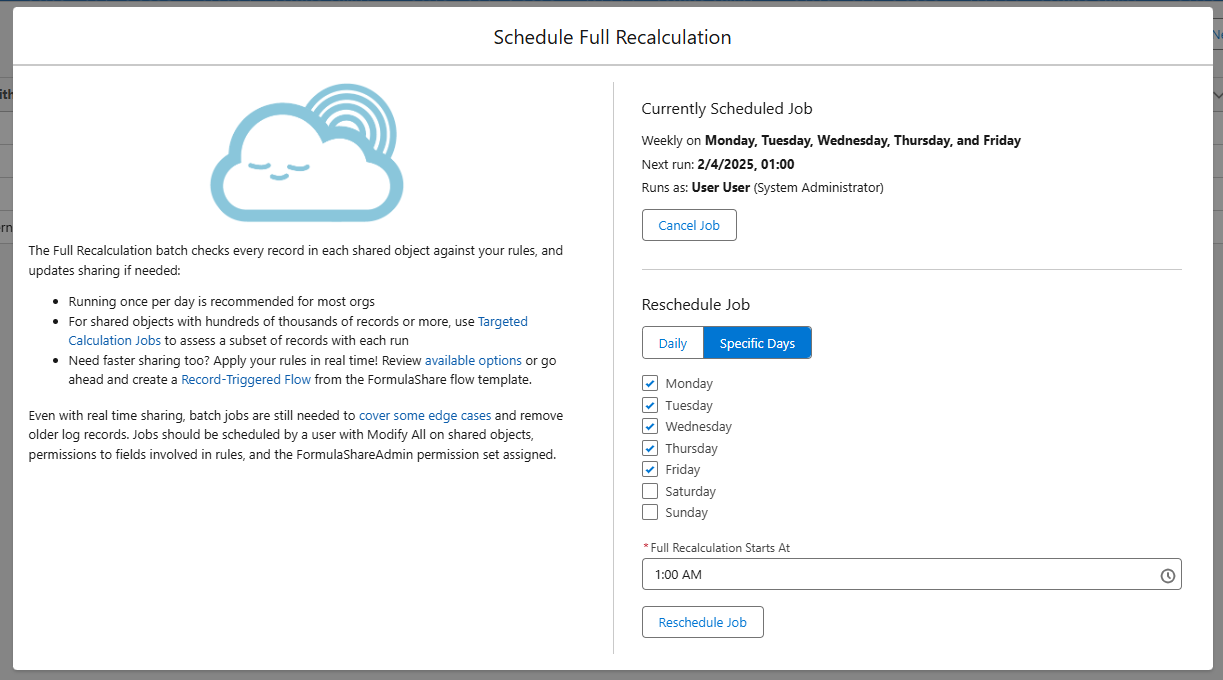 Screenshot of full recalculation management