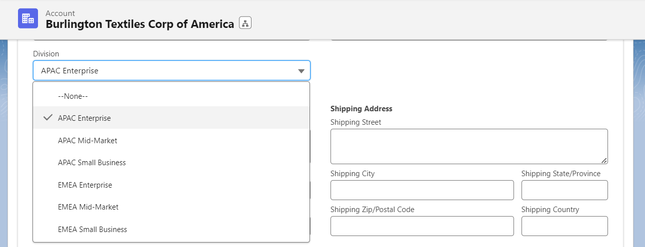 Screenshot showing an account with a division picklist