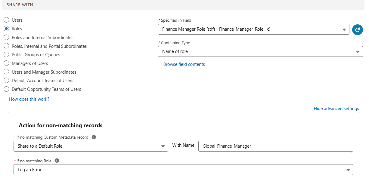 Screenshot showing an example configuration of advanced options for non-matching records