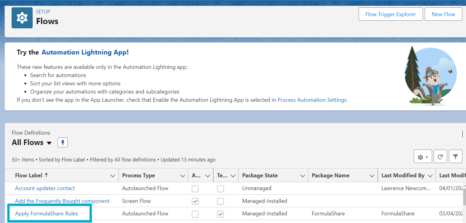 Screenshot showing location of Apply FormulaShare Rules flow template