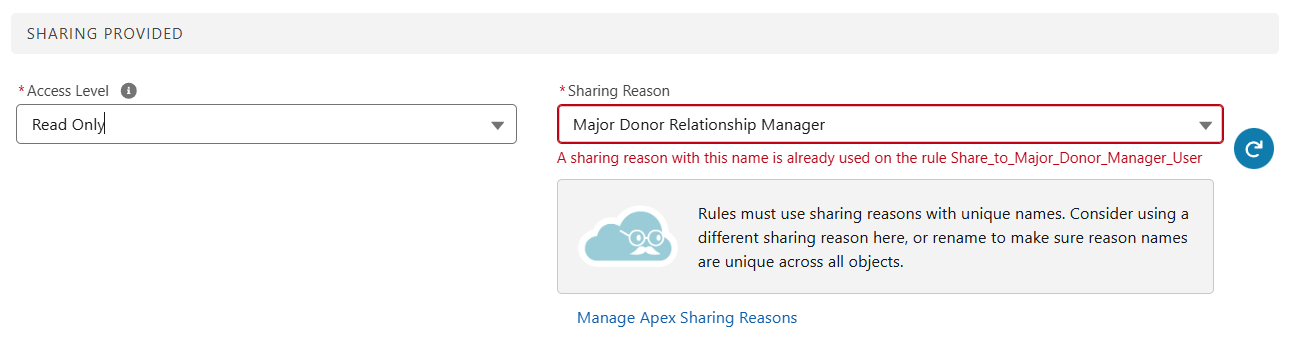 Screenshot showing warning if sharing reason name repeated